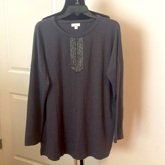 J. Jill Charcoal Gray Silver Metallic Sparkle Keyhole Soft Knit Tunic Top Size L - Picture 1 of 6